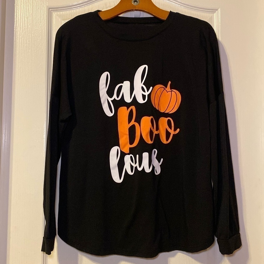 Fab Boo Lous Halloween and October Themed Long Sleeve Graphic Tshirt Size L NWOT
